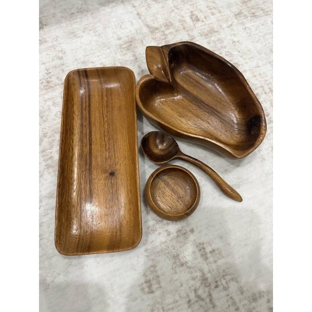 Vintage Hawaiian Monkey Pod Wood Serving Set Leaf Tray Bowl Spoon MCM Tiki 4pc